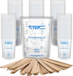 TCP Global 20 oz. (600ml) Graduated Plastic Mixing Cups - Box of 100 with 50 Mixing Sticks - Disposable Plastic Measuring Cups for Liquids, Paints, Resin, Epoxy, Art, Kitchen - Ratios 2-1, 3-1, 4-1 ML