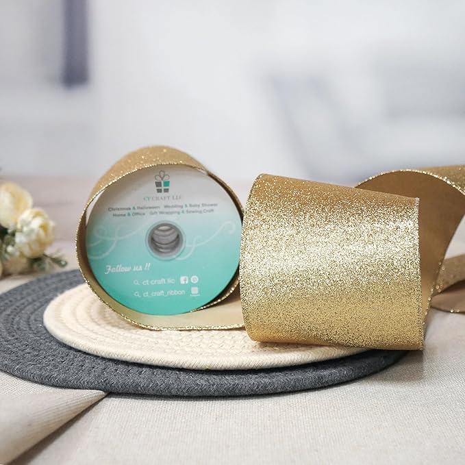 CT CRAFT LLC Glitter Wired Ribbon 4" x 10 Yards Light Gold for Christmas Home Decor Bow Gift Wrapping DIY Crafts Wreath