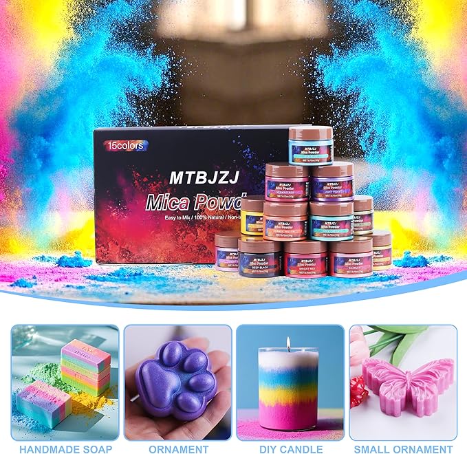 MTBJZJ Mica Powder for Resin, 15 Colors - 20g/Bottle of Epoxy Resin Color Pigment,for Candle Dye, Lip Gloss Pigment, Soap Making, Slime Colorant, Paint, Bath Bombs,Nail Polish and Eye Shadow