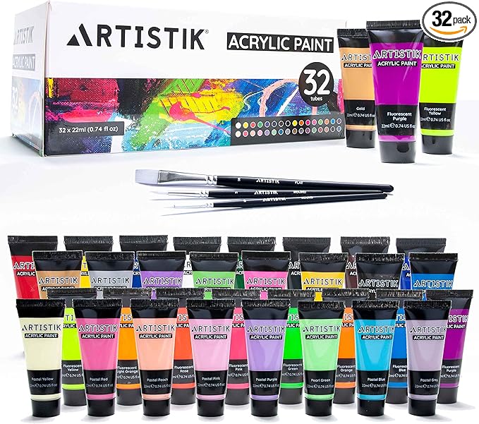 ARTISTIK Acrylic Paint Tube Set of 32-22ml Paint Tubes with 3 Brushes for Adults, Kids and Artists - Non-Toxic Artist Quality Paints for Canvas Painting, Wood Crafts, Ceramic and Art Supplies