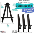 U.S. Art Supply 3" x 3" Stretched Canvas with 5" Mini Easel Kit (12 Pack) - Black Wooden A-Frame Tabletop Display Stand, Mini Easel Stand - Small Easels for Display, Small Canvases, Crafts, Photos