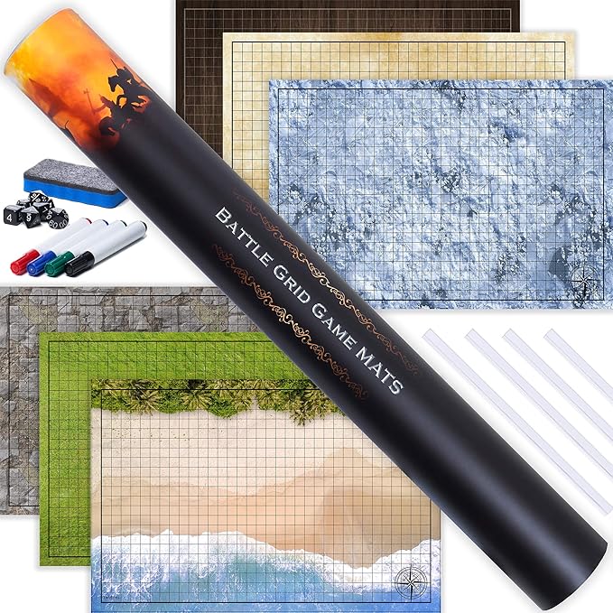 Tidyboss DND Starter Set | 3 X Double Sides 24x 36 Game Grid Mat | 6 Terrains Includes Dry Erase Markers, Eraser, Dice and Clips