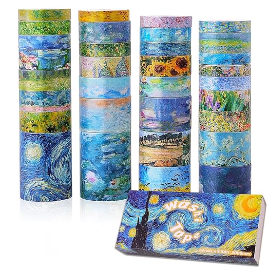 emmoolife 32 Rolls Washi Tape Set, Oil Painting Decorative Masking Tape, Van Gogh Adhesive Tape for Bullet Journal, DIY Crafts Gift, Party Decorations, Junk Journal, School Supplies