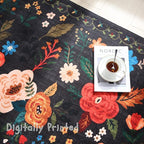 Rugcomf Round Rug 4ft Washable Circle Rug Non Slip Low Pile Boho Floral Small Circular Rug for Bedroom, Bathroom, Entryway, Kids Room, Office, College Dorm(Black)