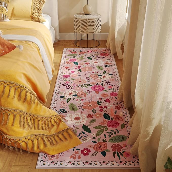 Rugcomf Runner Rug for Hallways Kitchen Rug Non Slip 2'6''x8' Washable Runner Rugs with Rubber Backing Soft Floral Carpet Runner for Hallways, Kitchen, Laundry, Bedroom, Bathroom(Pink)