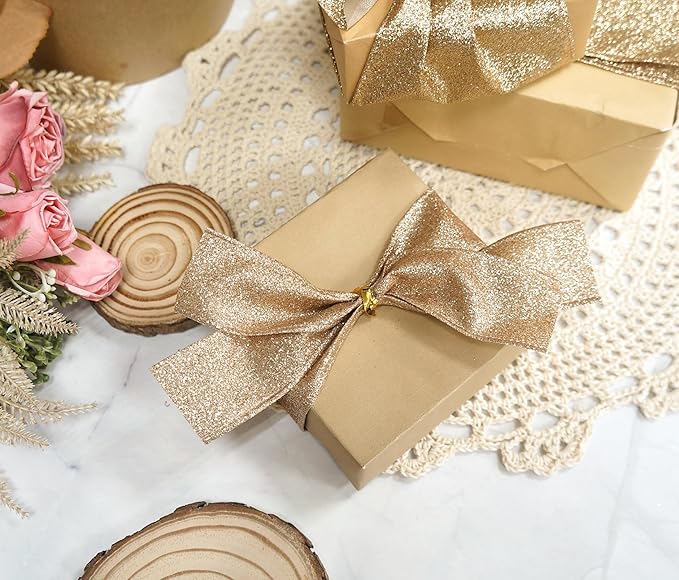 CT CRAFT LLC Glitter Wired Ribbon 1.5" x 10 Yards Gold (Champagne Gold) for Christmas Home Decor Bow Gift Wrapping DIY Crafts Wreath