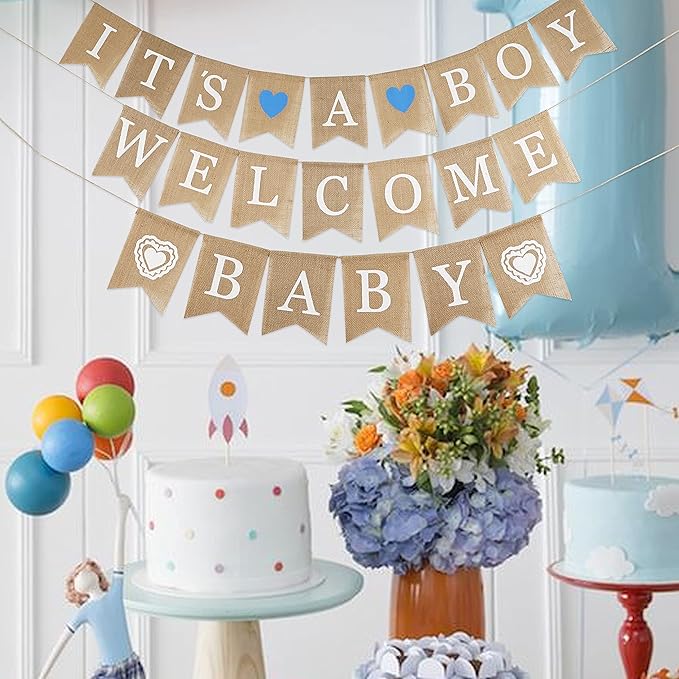 MEEDEE Welcome Baby Banner - It's A Boy Burlap Shower Decorations, Rustic Hanging Bunting for Safari Theme, 3 Pieces