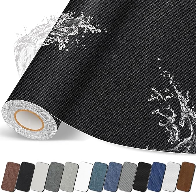 Fabric Repair Patches, 17X79 inch Linen Self-Adhesive Fabric Repair Tape, Strong Sticky Linen Patch for Sofas, Tote Bags, Clothing, Car Seats, Furniture（Black, 17X79 inch）