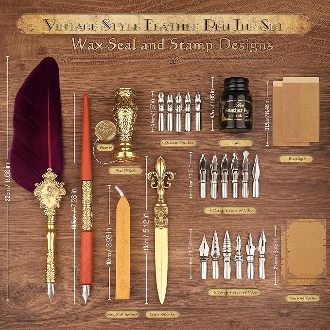 Feather Quill Pen and Ink Set 27Pcs Calligraphy Pens Fountain Pen Calligraphy Kits for Beginners,Stationary Set for Calligraphy, Writing, Sign,Christmas Gift