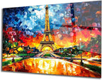 SpiritualHands Paris Eiffel Tower Glass Wall Art Oil Painting for Living Room, Tempered Glass Modern Prints Decor, Large Vivid Color Panel for Bedroom, Kitchen, or Office