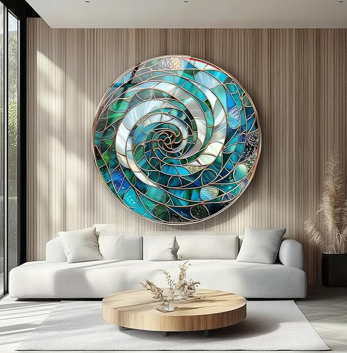 My Photostation.com 27.5''(70cm) Diameter Aqua Spiral Harmony Round Glass Wall Art Tempered Glass Printing Wall Decor Large Wall Art Wall Hangings