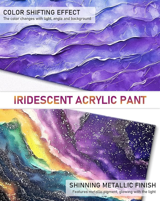 Nicpro 8 Colors Iridescent Acrylic Paint, 8.45oz / 250ml Large Bulk Metallic Acrylic Paint,Color Shifting & Non-Toxic Art Painting Supplies For Canvas Fabric Rock Wood with Color Wheel