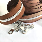 Leekayer #5 Metallic Silver Nylon Coil Zippers by The Yard Bulk 10 Yards Brown Zipper Tape with 25pcs Silver Sliders for DIY Sewing Tailor Craft Bag(Brown)