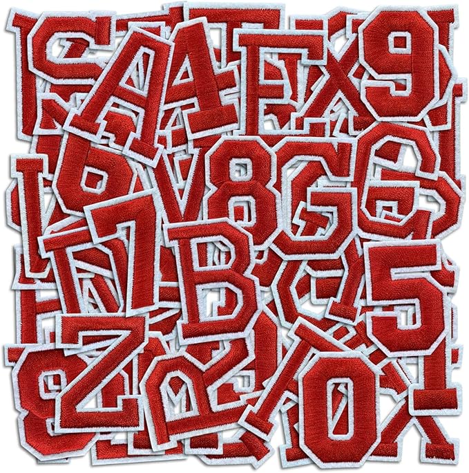 Letter and Number Iron On Patches, A-Z Alphabet and Numbers 0-9 Embroidery Applique Patch, DIY Decorative Heat Press Patches for Clothing Jeans Jackets Backpacks Hats (Red 72 Pcs)