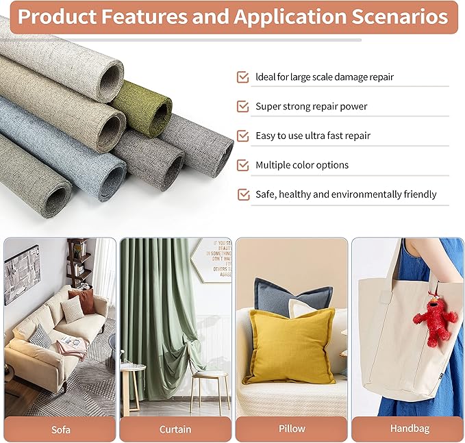 KING MOUNTAIN Fine Linen Fabric Patches, Self-Adhesive, 12x40 inch, Multi Color, For Linen Sofa and Clothes Repair (Dark Grey 3.0)