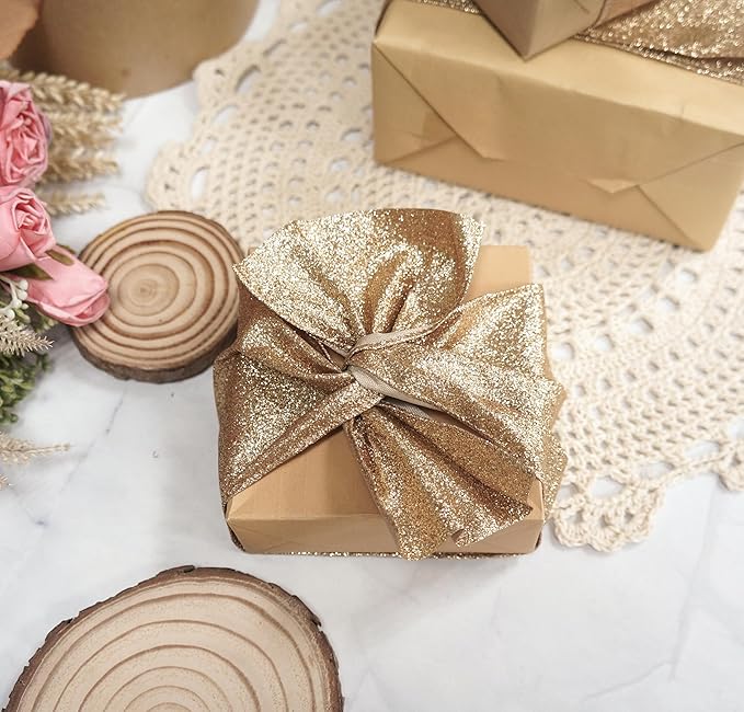 CT CRAFT LLC Glitter Wired Ribbon 4" x 10 Yards Gold (Champagne Gold) for Christmas Home Decor Bow Gift Wrapping DIY Crafts Wreath