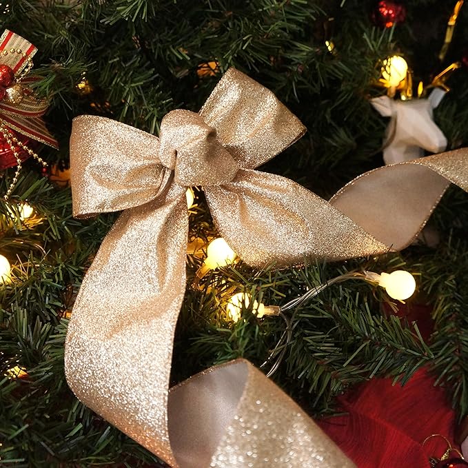 CT CRAFT LLC Glitter Wired Ribbon 2.5" x 10 Yards Gold (Champagne Gold) for Christmas Home Decor Bow Gift Wrapping DIY Crafts Wreath