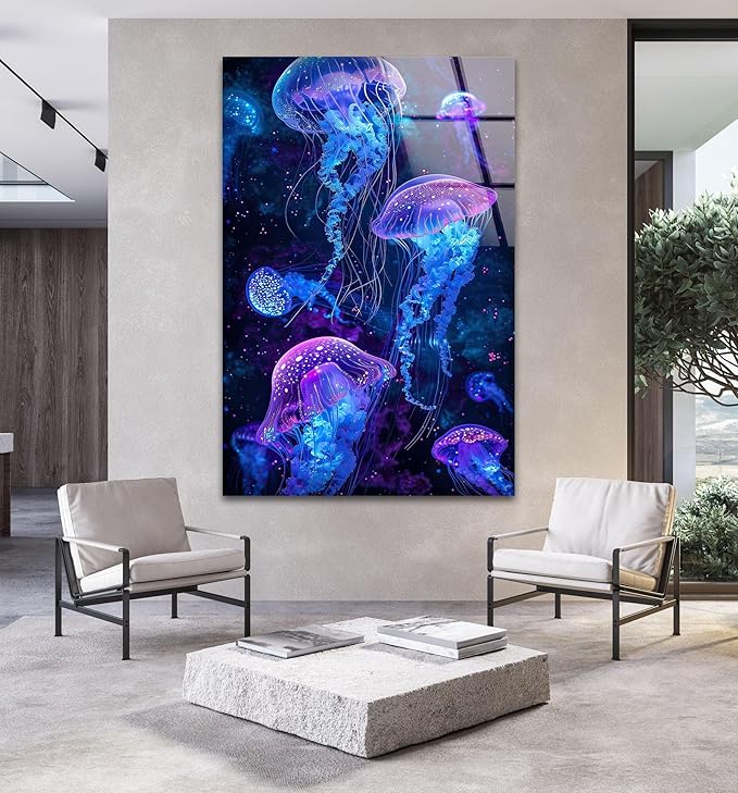 My Photostation.com 32Wx48H'' Glowing Jellyfish Glass Wall Art Tempered Glass Printing Wall Decor Large Wall Art Wall Hangings