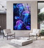 My Photostation.com 32Wx48H'' Glowing Jellyfish Glass Wall Art Tempered Glass Printing Wall Decor Large Wall Art Wall Hangings