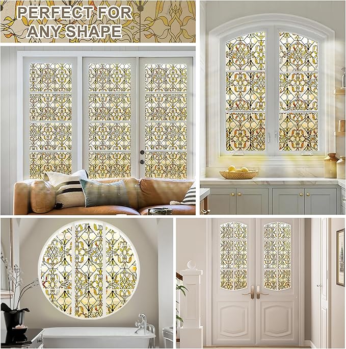 3D Stained Glass Window Privacy Film, Heat Control UV Blocking Static Cling Decorative Window Film for Bathroom,Front Door,Home Non Adhesive 16.9 x 39.3 inches Golden Filigree