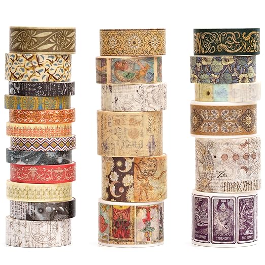 Vintage Washi Tape Set - 24 Rolls Arts Adhesive Tapes Assorted Retro Decorative Masking Tape Sets for Craft, Kids, Scrapbook, DIY, Gift Wrapping (12-Mystic Tarot)