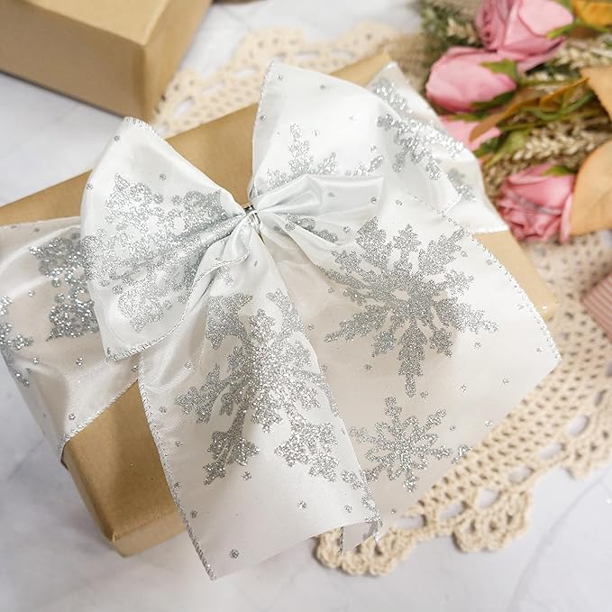 CT CRAFT LLC White Satin with Silver Snowflake Wired Ribbon 4 Inch x 10 Yards for Christmas Home Decor Tree Topper Bow Gift Wrapping DIY Crafts Wreath Garland