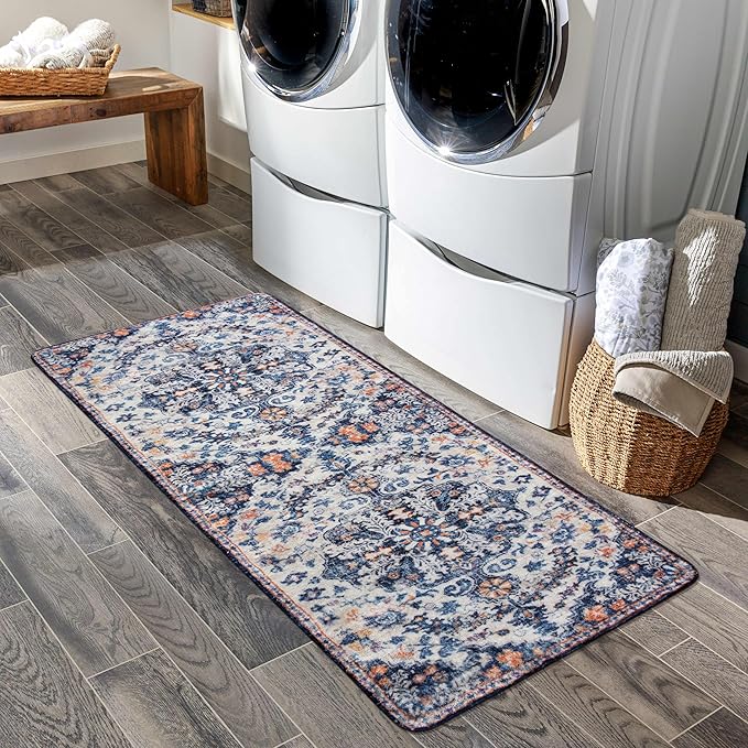 Lahome Washable Runner Rug, 2x5 Bohemian Kitchen Rug Runners Low Pile Bathroom Runner Rugs with Rubber Backing, Printed Throw Carpet Runners for Laundry Room Hallway Bedside, Blue Purple/Multi