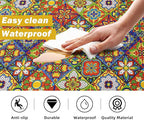 Boho Kitchen Rugs Set 2 Memory Foam Colorful Ceramic Comfort Tile Floor Mat Anti Fatigue Non-Skid PVC Runner Rug Water & Oil Proof Carpet for Kitchen Laundry Sink,17.3x28+17.3x47 Inch, C4