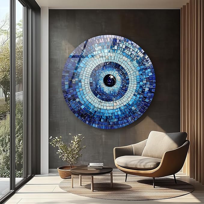 My Photostation.com 31.5''(80cm) Diameter Blue Mosaic Evil Eye Round Glass Wall Art Tempered Glass Printing Wall Decor Large Wall Art Wall Hangings