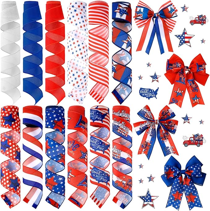 12 Rolls 60 Yards 4th of July Patriotic Ribbon Stars and Stripes Burlap Wired Edge Ribbon White Blue Red Decorative Crafts for Independence Day Memorial Day Gift Wrapping DIY Bow Craft