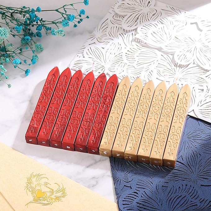 Yoption 12 Pcs Sealing Wax Sticks with Wicks for Wax Seal Stamp, Wedding Invitations, Gift Wrapping, Christmas (Metallic Red and Light Gold)