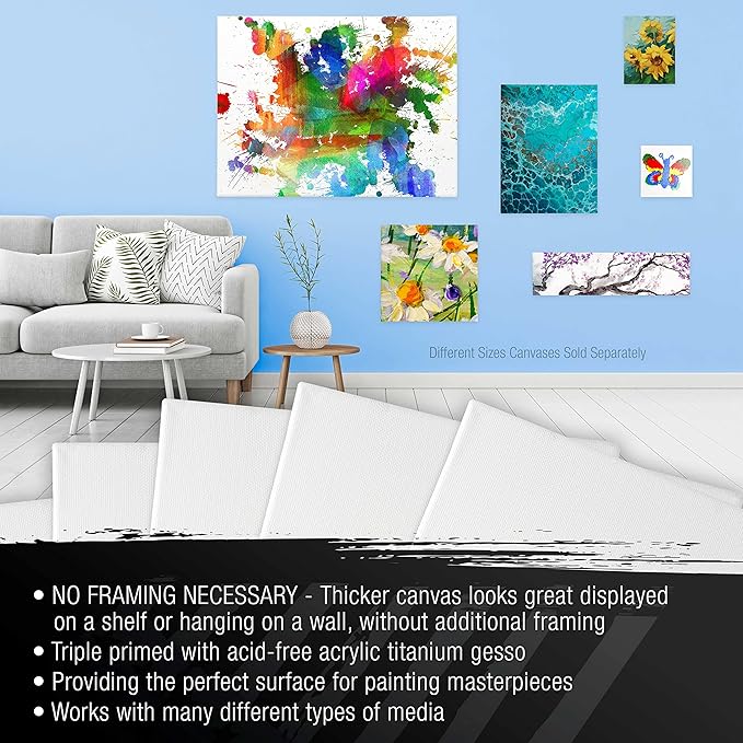 U.S. Art Supply Large Stretched Canvas for Painting 24x24 inch Gallery Depth 1-1/2" Thick, 3-Pack - 12oz Acrylic Gesso Triple Primed, Professional Artist Quality, 100% Cotton - Oil, Pouring Paint