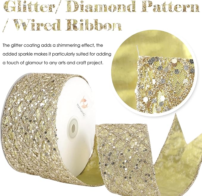 HUIHUANG Champagne Glitter Wired Ribbon for Christmas Tree 2.5 inch Champagne Gold Diamond Mesh Ribbon for Tree Decoration, Wreaths, Garland, Gift Wrapping, Bows Making, Home Decor -10 Yards