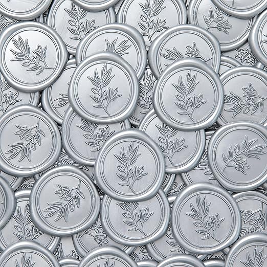 PONATIA Silver Wax Seal Stickers -50pcs Eucalyptus Self- Adhesive Wedding Seal Stickers, Perfect for Invitation Cards, Envelopes, Christmas Cards, Gift Wrapping, Party Decor