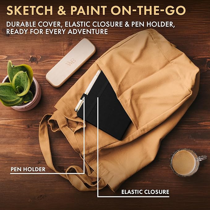 Wordsworth & Black A5 Mixed Media Journal 96 Mix Pages, Hardcover Leather, 190 GSM Paper, Journaling Notebook for Work & Sketching, Journals for Women, Men - Gifts Box Included Black