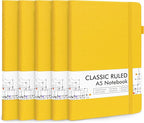 feela 5 Pack Journal Notebook Bulk for School, Hardcover Business Notebooks Classic Ruled Lined Journals with Pen Holder for Work Note Taking, with 5 Black Pens, 120 GSM, 5.1”x8.3”, A5, Yellow