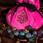 DND Dice Bags Large with Pockets Pink Storage Bag with D20 Logo for RPG Game Dices - Capacity 200+ Dice