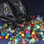 Large DND Dice Bag Leather Dice Storage Bag Black D&D Drawstring Pouch with Pockets for RPG Table Games - Can Hold 200+ Polyhedral Dice
