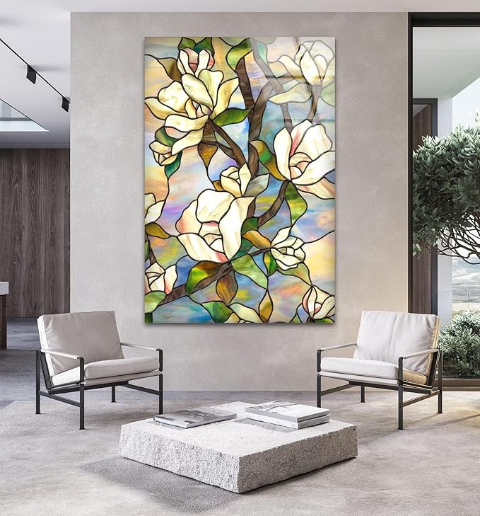 My Photostation.com 32Wx48H'' Stained Magnolia Glass Wall Art Tempered Glass Printing Wall Decor Large Wall Art Wall Hangings
