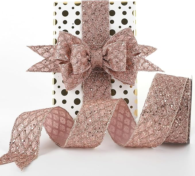 HUIHUANG Rose Gold Glitter Wired Ribbon for Christmas Tree 2.5 inch Rose Gold Diamond Mesh Ribbon for Tree Decoration, Wreaths, Garland, Gift Wrapping, Bows Making, Home Decor -10 Yards