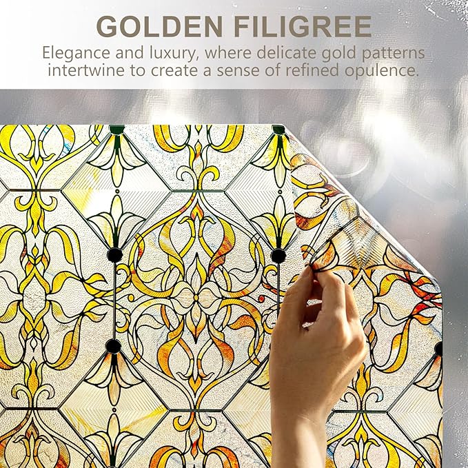 3D Stained Glass Window Privacy Film, Heat Control UV Blocking Static Cling Decorative Window Film for Bathroom,Front Door,Home Non Adhesive,GiltGaze 16.9 x 78.7 inches