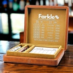 Luck Lab Farkle Dice Tray and Storage Case - Includes Embedded Scoring Combinations, 2 Sets of 6 Pearl Dice, 40 Sheet Score Pad and Pen Holder for The Classic Family Game (Brown)