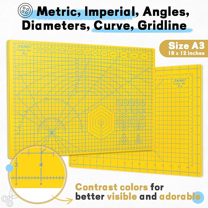 Premium Self Healing Cutting Mat 18'' x 12'', A3 Non-slip Sewing Mat for Quilting, 5-Ply Rotary Cutting Board Double-Sided for Crafts Cutting Fabric Scrapbooking Modeling Projects, Lemon Yellow