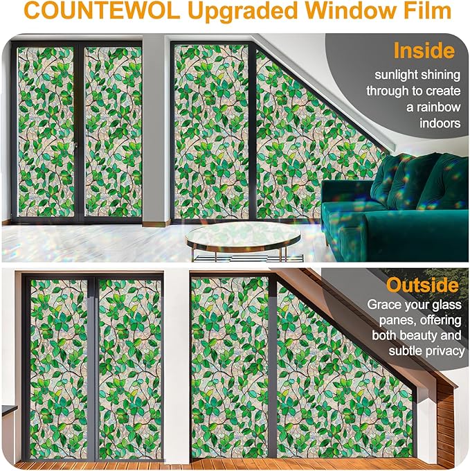 Window Privacy Film Stain Glass Window Film Rainbow Window Film Window clings Non-Adhesive Reusable Decorative for Room (Greenery Leaf, 17.5 x 157.4 in)