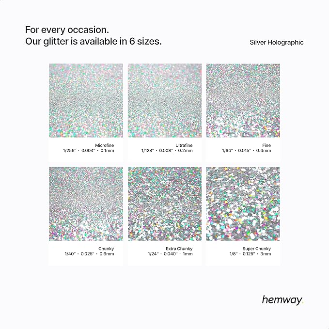 Hemway Polyurethane & Epoxy Resin Glitter 100g / 3.5oz Metallic Crystal Flake Additive for Flooring Jewelry Tumblers Glass Pigment - Chunky (1/40" 0.025" 0.6mm) - Silver Holographic