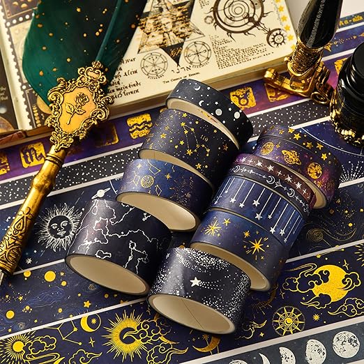 20 Rolls Galaxy Washi Tape Set Stars Arts Adhesive Tapes Gold Silver Foil Decorative Masking Tape Sets for Craft, Kids, Scrapbook, DIY, Gift Wrapping