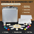 Queensell Mexican Train Dominoes - 136 Colored Dot Double 15s, 9 Trains, Wooden Hub, Aluminum Case