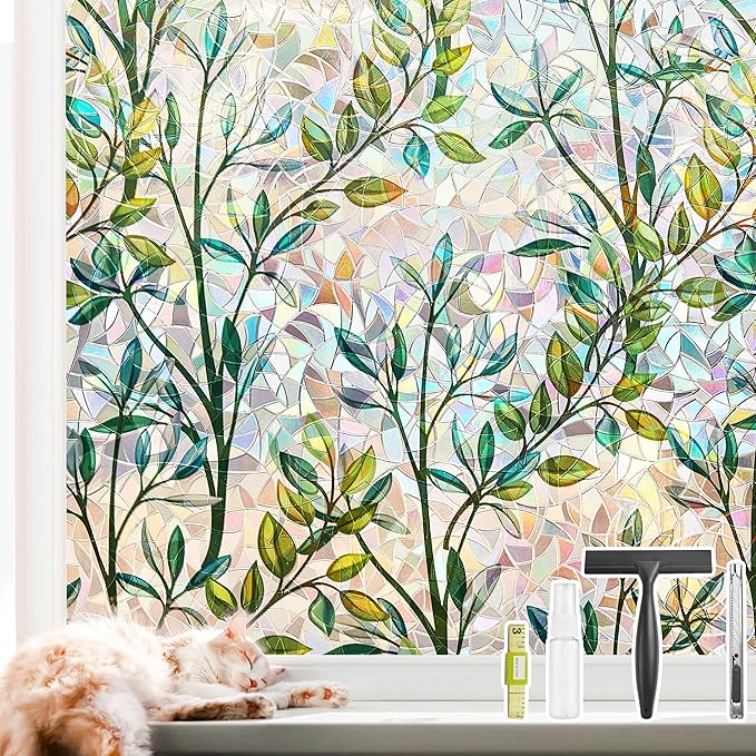 NINETREX Stained Glass Window Film 3D Decorative Cling, Sun Blocking Static Cling Removable Film for Glass Door, Home Decor Window Cover Non-Adhesive 29.5 x 78.7 inches, Leaf