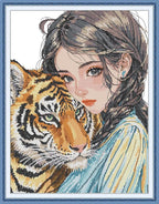 Threadhaven Cross-Stitch Kit 14CT Aida Counted Embroidery Complete Set with Fabric, Threads, Needles & Chart-Premium Beautiful Girls Design for Adults & Beginners- Girl with Tiger 14.5''×18.5''