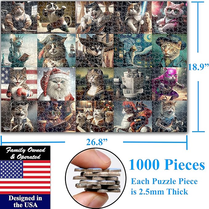Think2Master Funny Cats 1000 Pieces Jigsaw Puzzle Featuring heartwarming Kittens and Cats. Fun for Teens, Seniors & Families. Great Gift for Kids Ages 13+ Size: 26.8” x 18.9”